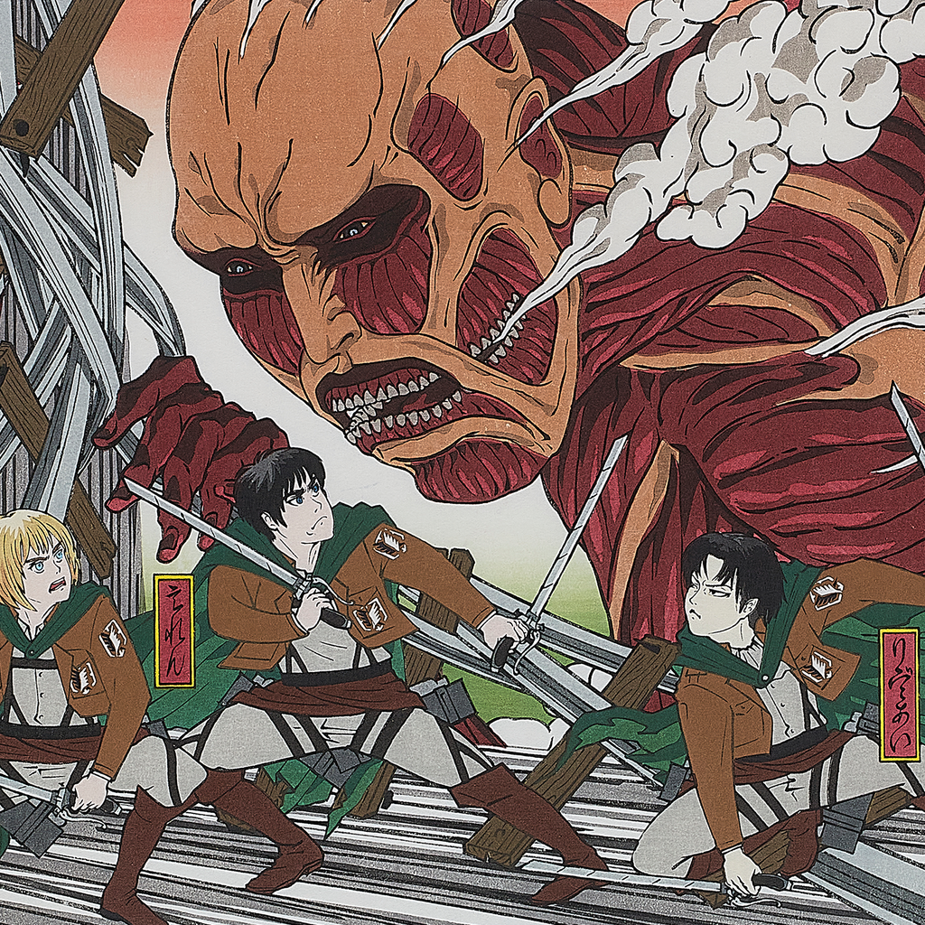 攻击泰坦ukiyo -eki印刷品“巨型入侵”新颜色版本。